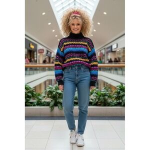 Vintage NOZ‎ Design Sweater Womens L Rainbow Stripe Mock Neck Pullover 1989 neon